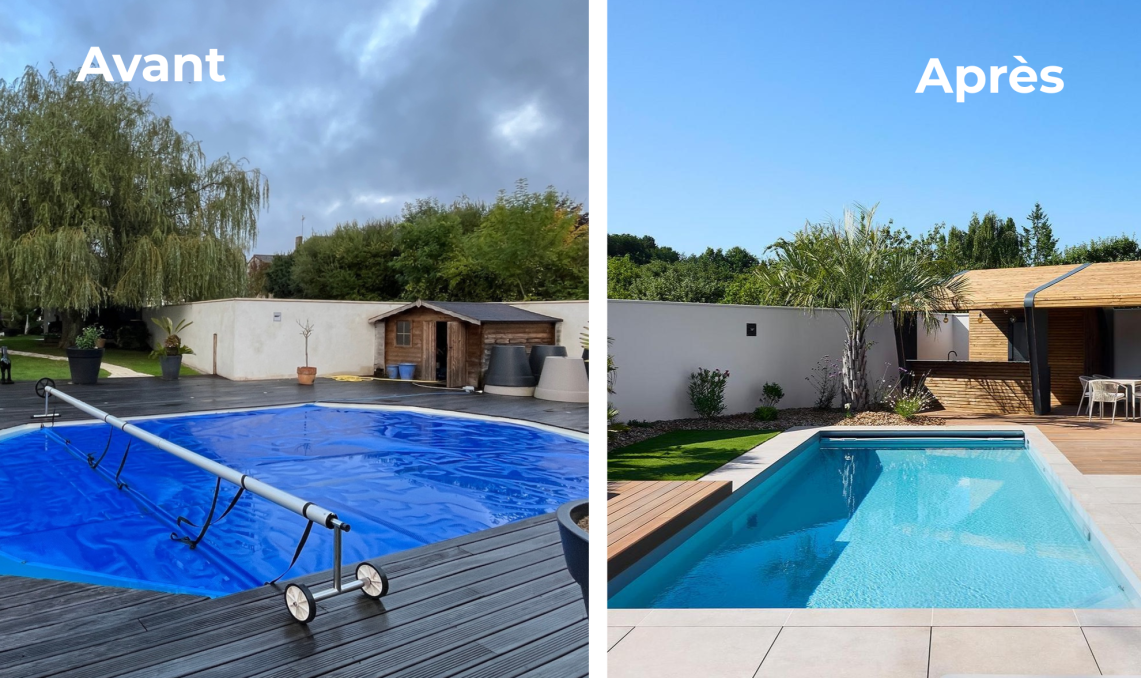 Avant/après terrasse piscine : lames composite grisaillées remplacées par des lames Nuances Ipé Silvadec, pose O'xygen Paysagiste, Vendée